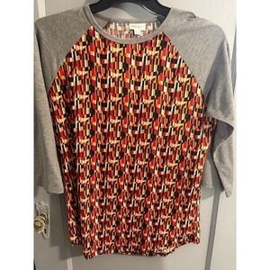 LuLaRoe Randy Baseball Tee - Gray & Orange Abstract Pattern - Size L